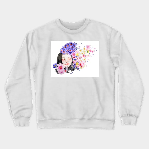 Watercolor Portrait Character Girl Woman Flowers Crewneck Sweatshirt by SWEIRKI